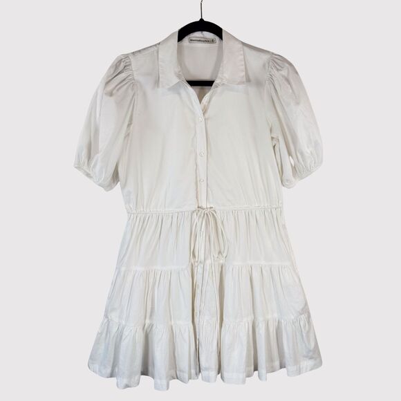 Abercrombie Fitch Dress White Puffed Poplin Mini Tiered Shirtdress Small Petite - Picture 1 of 10